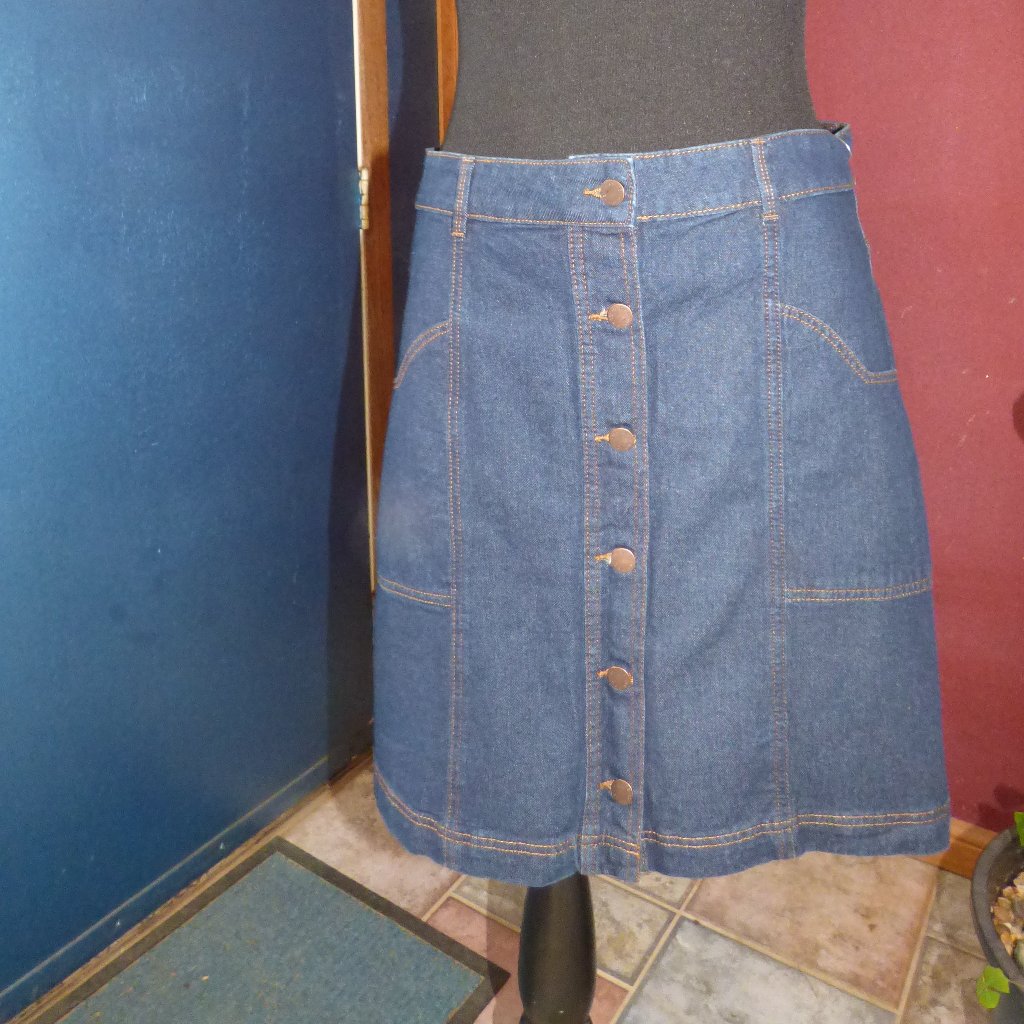 Goth Boho Cowgirl Prairie Blue Denim Front Buttoned 4 Pocket Short Skirt 16